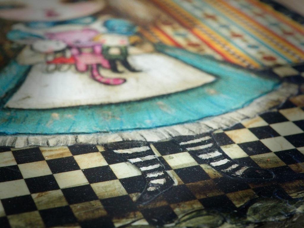 Alice in wonderland Danita Mad hatter Cheshire cat white rabbit painting collage original mixed media